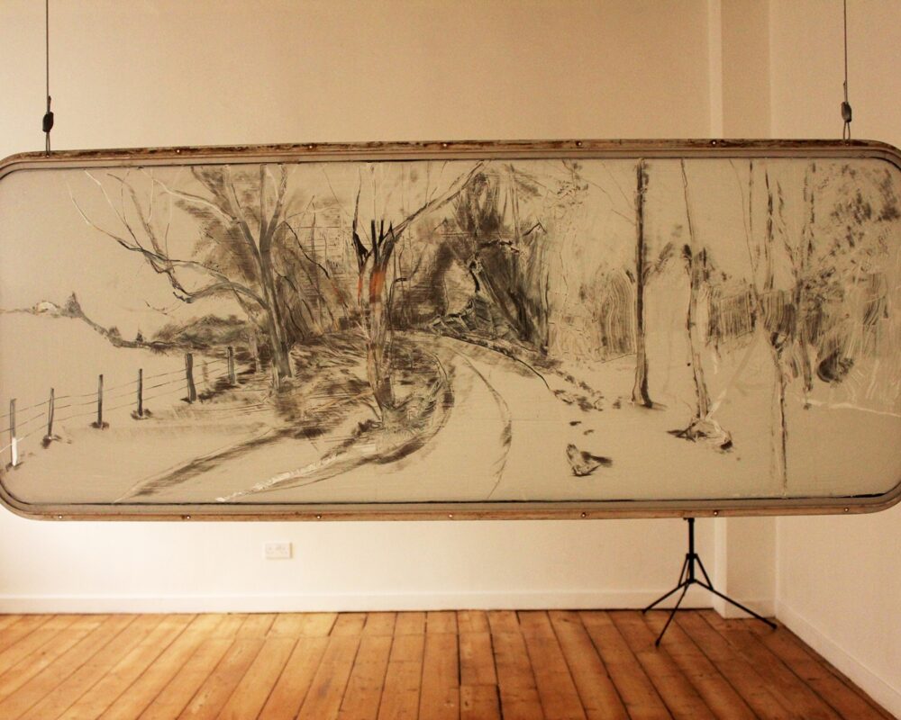 What is the light you have lost?, Sgraffito drawing on caravan window, 80cm x 200cm, 2014