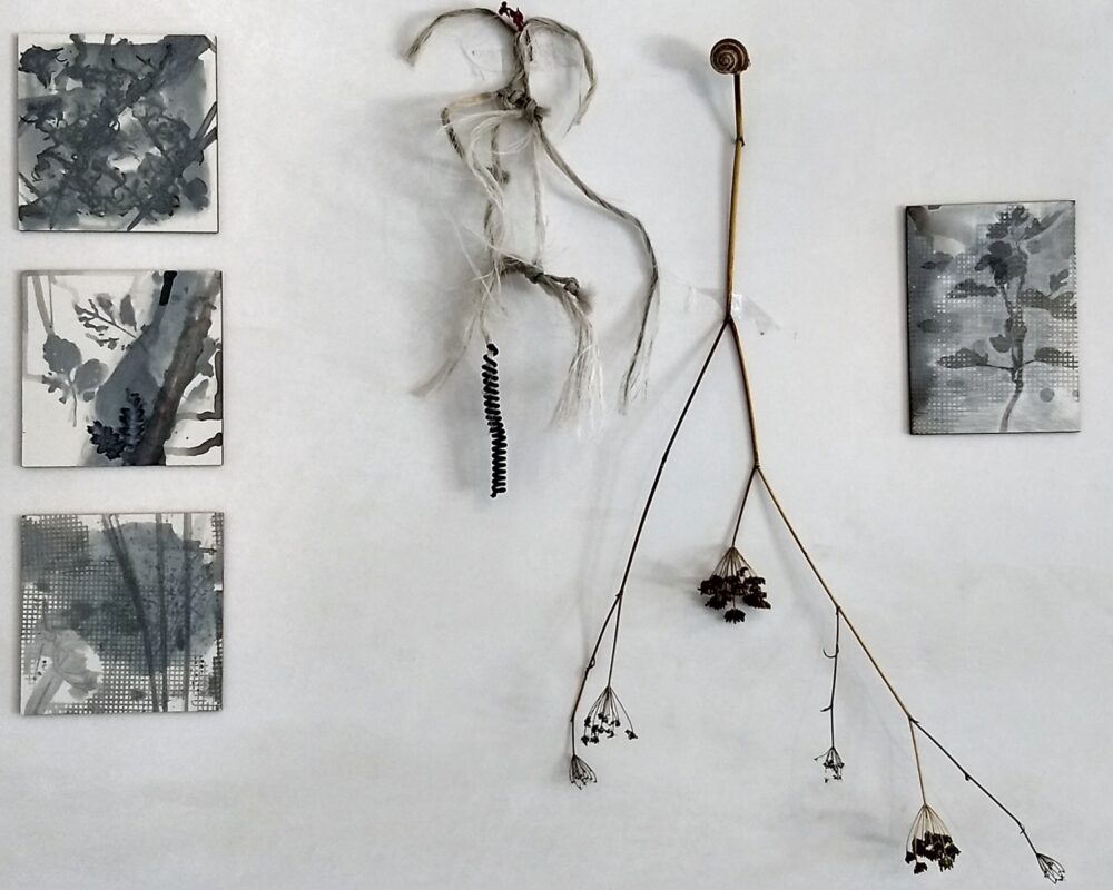 Shadows of the Past and Future, drawings and found objects, ink and sgraffito on clayboard, 2019