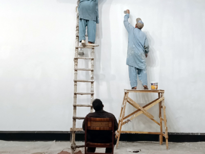 Preparing the exhibition space, National College of Arts, Lahore