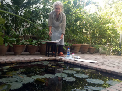 A place to work, beside the fish pond at the Bilgrami&#039;s beautiful house, Karachi