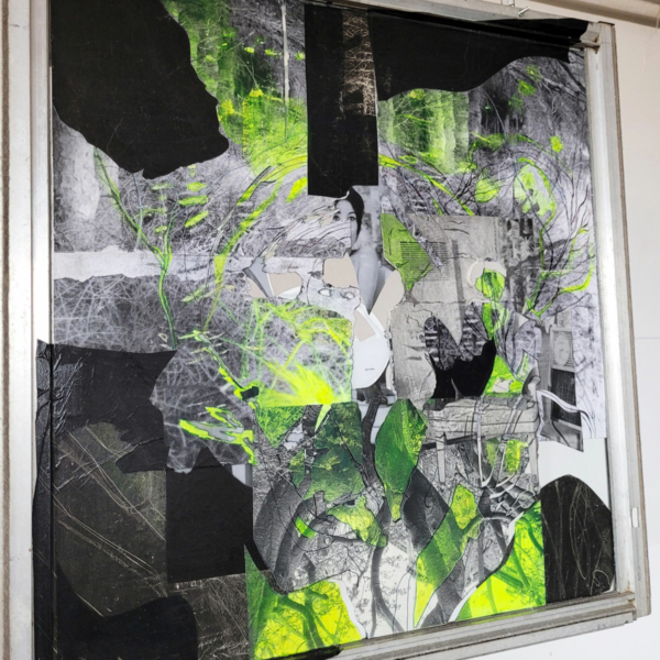 Original art, yellow-green collage on hanging glass window