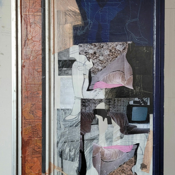 Original art, brown, blue collage on hanging glass window