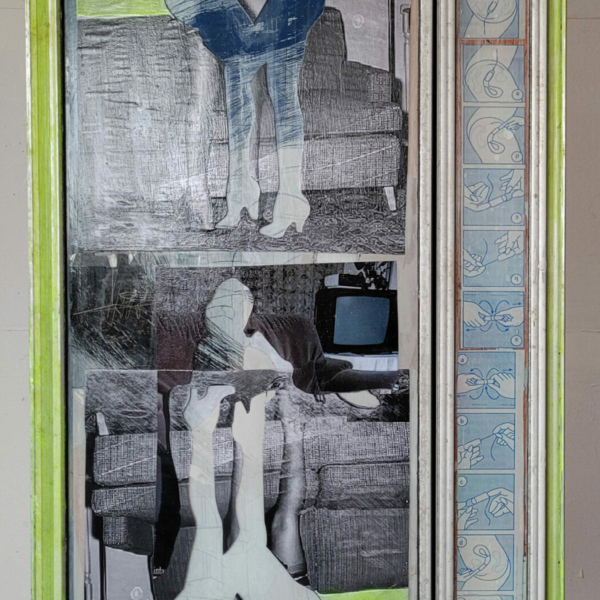 Original art, yellow-blue collage on hanging glass window