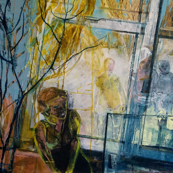 Original oil painting, figures, interior, windows, blue, yellow