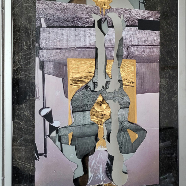 Original art, gray-gold collage on hanging glass window