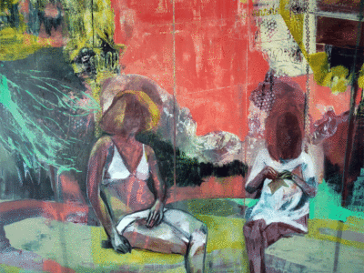 Caryatids at rest, oil painting by Michele Marcoux, young girls on a swing in a vibrant landscape, in a gallery of paintings inspired by real and imagined places