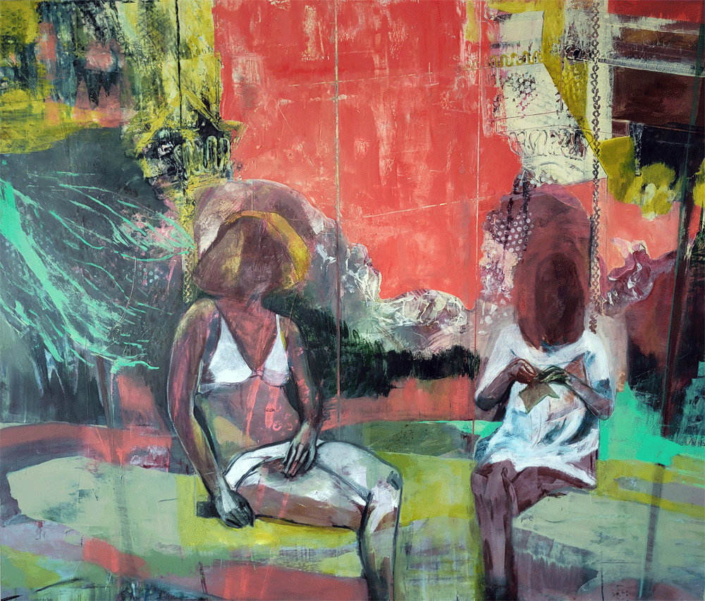 Caryatids at rest, oil painting by Michele Marcoux, young girls on a swing in a vibrant landscape, in a gallery of paintings inspired by real and imagined places