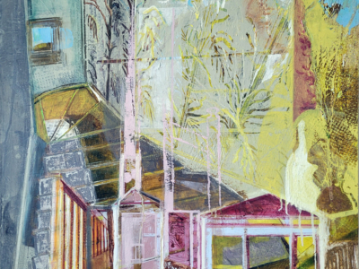 Casser Maison, oil painting by Michele Marcoux, shows layers of houses within houses, from a gallery of paintings about memory and place