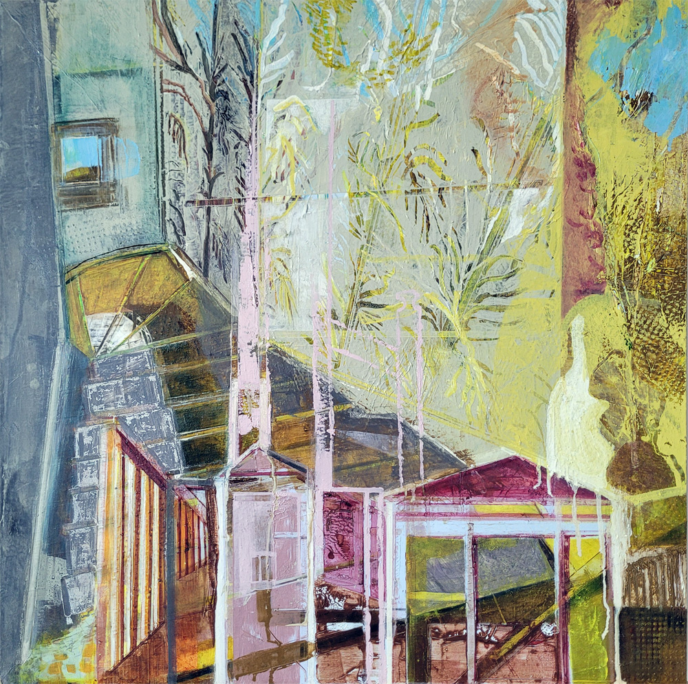 Casser Maison, oil painting by Michele Marcoux, shows layers of houses within houses, from a gallery of paintings about memory and place