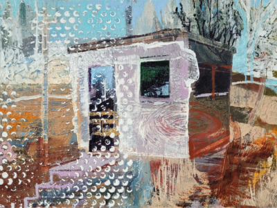 Hut (A70 Lanarkshire), oil painting by Michele Marcoux a small hut is fragmenting into dots in a gallery of paintings inspired by real and imagined places