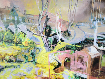 Mnemosyne’s garden, oil painting by Michele Marcoux, a yellow garden fades into a brownish sky, in a gallery of paintings inspired by real and imagined places