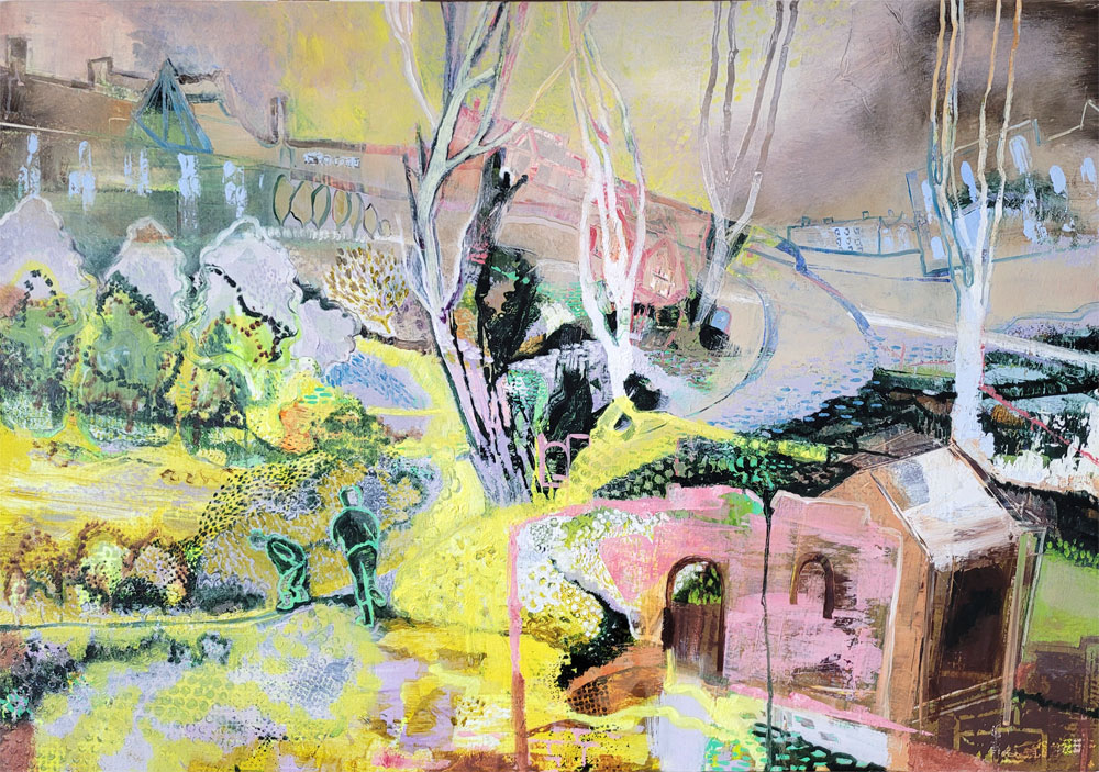 Mnemosyne’s garden, oil painting by Michele Marcoux, a yellow garden fades into a brownish sky, in a gallery of paintings inspired by real and imagined places