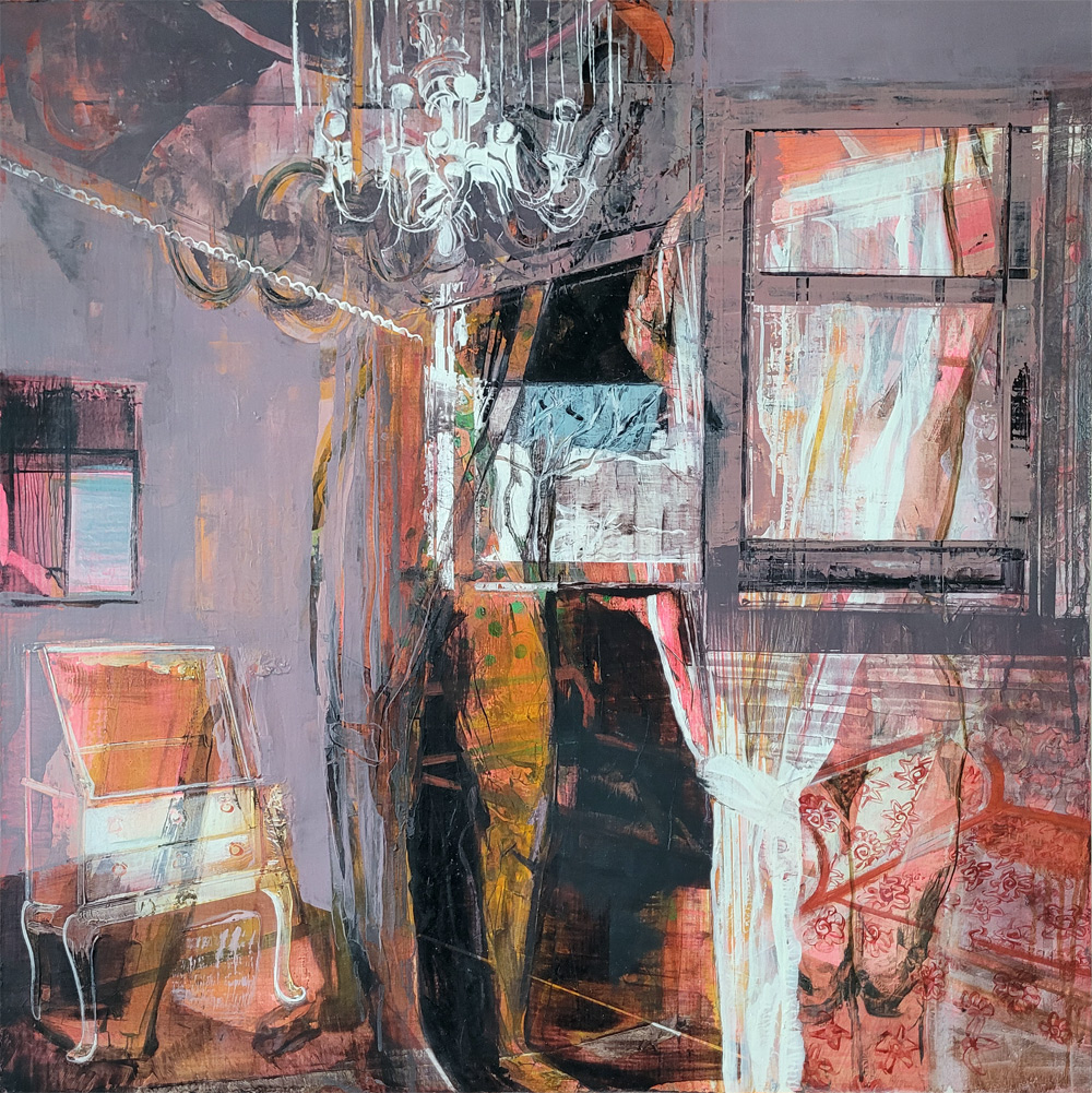 The form does not repeat, oil painting by Michele Marcoux, a figure disappears into an interior, in a gallery of paintings inspired by real and imagined places